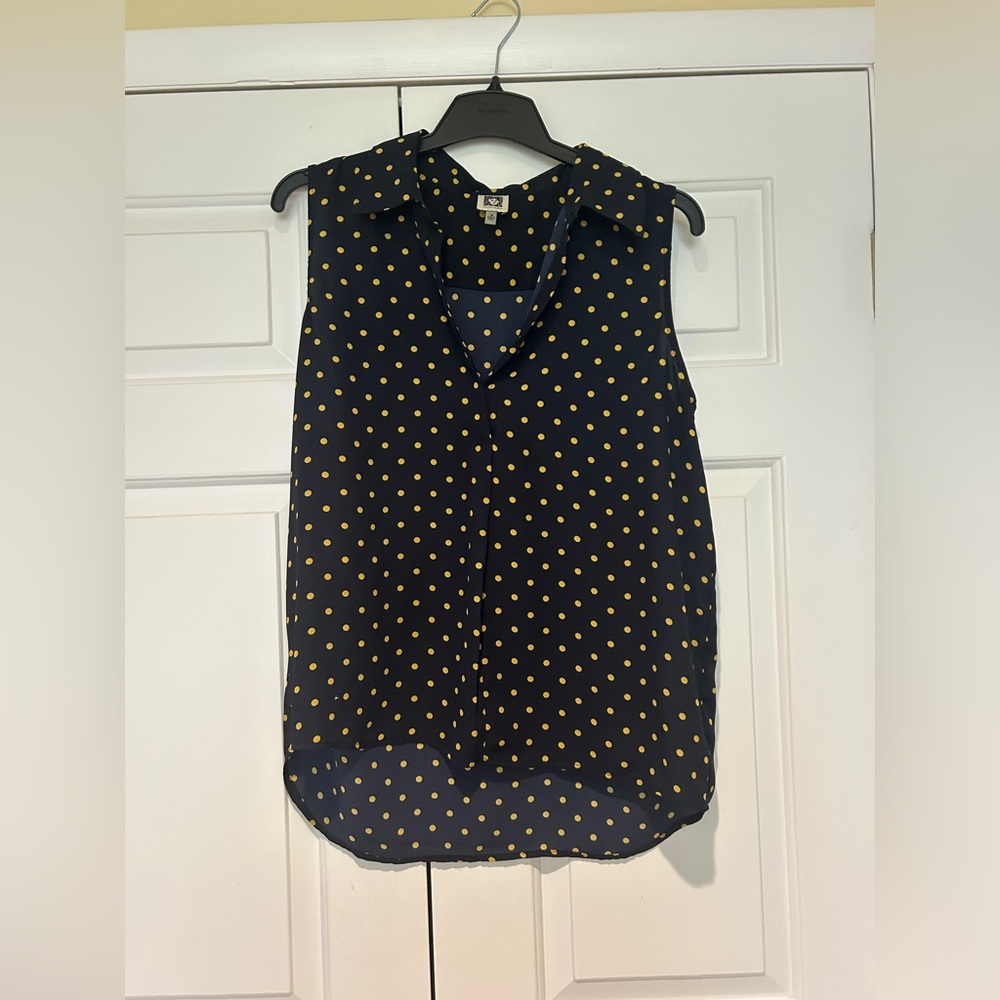 Sheer Polka Dot Navy and Gold Sleeveless Blouse with Buttons